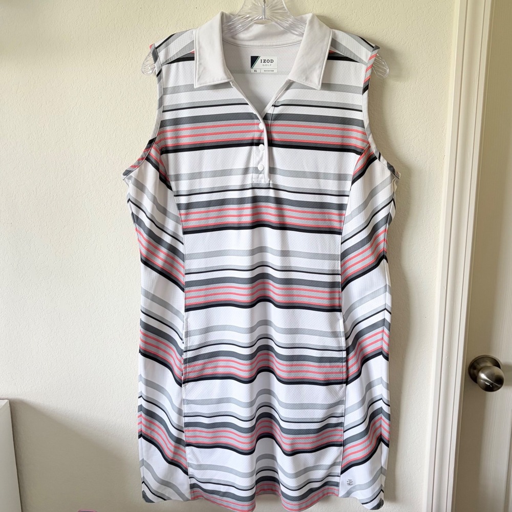 IZOD Golf White Striped Sleeveless Polo Dress Pockets XL Sporty Preppy